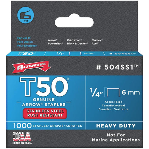 Arrow T50 Heavy-Duty Stainless Steel Staple, 1/4 In. (1000-Pack)